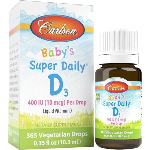 Carlson - Baby's Super Daily D3, Baby Vitamin D Drops, 400 IU (10 mcg) per Drop, 1-Year Supply, Vegetarian, Liquid Vitamin D for Infants and Toddlers, Unflavored, 365 Drops