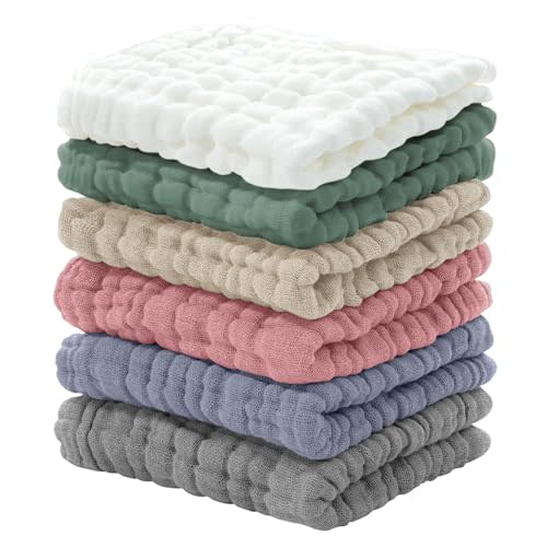 Looxii Muslin Baby Washcloths 6 Pack, 100% Cotton Baby Wash Cloths for Baby Face Body, 12x12 inches Large Soft Absorbent Face Towels for Newborns Multicolor