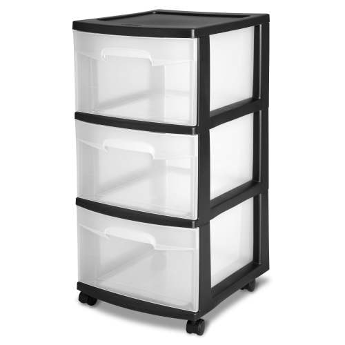 Sterilite Storage Drawer, 3 Drawer Slim Plastic Storage Cart with Clear Pull Out Drawers, Black