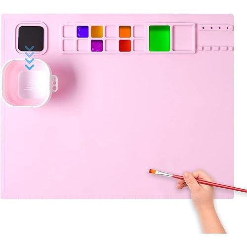 AWOKE Silicone Painting Mat for Table Protection - 20"X16" Washable Art Mat with 1 Water Cup for Kids - Craft Mat has 12 Color Dividers - 2 Paint Palettes (Pink), Toddler Activities, Girl Boy Gifts