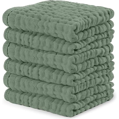 Comfy Cubs Muslin Baby Washcloths 6 Pack - Soft 6-Layer Cotton Wash Cloths for Sensitive Skin - 10"x10" Large, Gentle, Absorbent Infant Essentials for Newborn and Toddlers - Fern