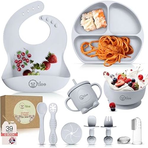 O'doe 11-Piece BPA-Free Silicone Baby Feeding Set | Thick & Soft Suction Plates, Baby Bowls, Wooden Fork & Spoon, and More | Make Mealtime Fun and Easy for Your Little One (Grey, V1)