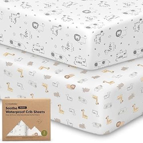 2-Pack Waterproof Crib Sheets for Girl, Boy - Organic Cotton 52X28 Fitted Crib Sheets Neutral,Crib Mattress Protector Sheets,Soft Toddler Bed Sheets,Washable Infant Fitted Baby Crib Sheets (KeaSafari)