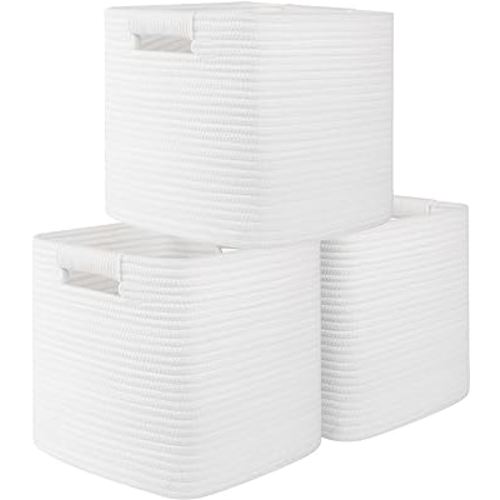 OIAHOMY Storage Cubes 11 Inch Storage Bins-3-Pack, Cotton Rope Woven Baskets for Organizing, Square Storage Baskets for Shelves Organizer, Classroom, Kids Toy Bins, Closet, Baby Nursery-White