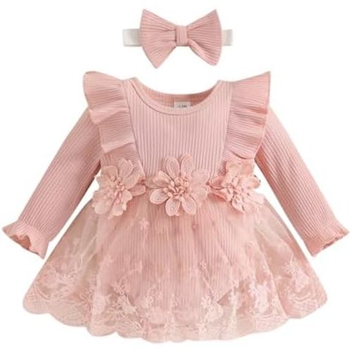 Infant Baby Girl Flower Lace Romper Dress Outfit Ruffled Skirted Bodysuit Headband Newborn Photography Clothes