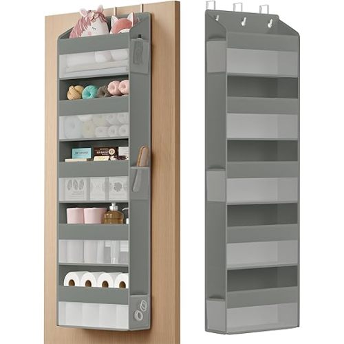 SONGMICS Over-the-Door Organizer, 5-Tier Door Hanging Storage Shelf, Heavy-Duty Closet Hanging Organizer Foldable, Transparent, Pockets, Metal Hooks, Dove Gray URDH010GD01
