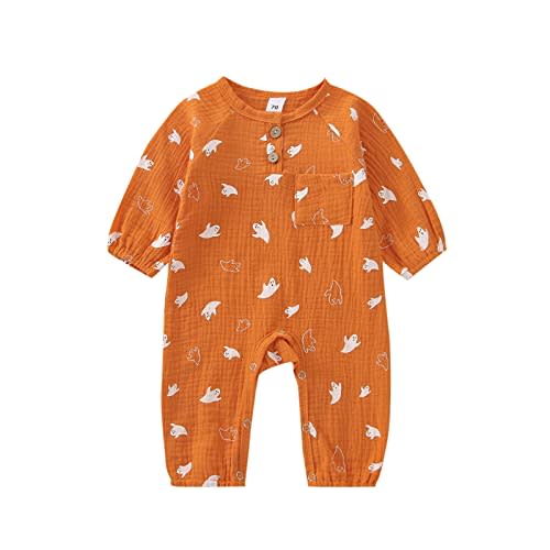 Gupgi Newborn Baby Halloween Jumpsuit Pumpkin Print O-Neck Long Sleeve Romper with Buttons Onesie Linen Outfit Halloween