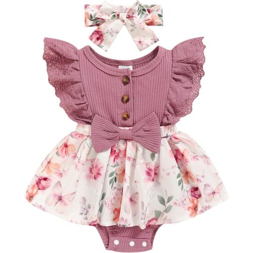 Sinhoon Baby Girl Clothes Newborn Ruffled Sleeveless Romper Floral Dreesy Bodysuit Heaedband 3pcs Baby Girl Summer Clothes