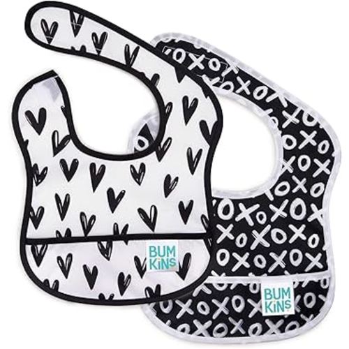 Bumkins Bibs, for Baby Girl or Boy, Infant 3-9 Months, Essential Must Have for Eating, Feeding, Baby Led Weaning, Mess Saving Waterproof Soft Fabric, Starter Bib 2-pk Hearts, XOXO Black and White
