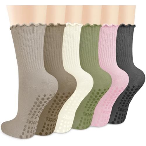 Justay 6 Pairs Womens Pilates Socks with Grips Crew Non Slip Ruffle Cotton for Athletic Workout Barre Hospital Yoga Socks