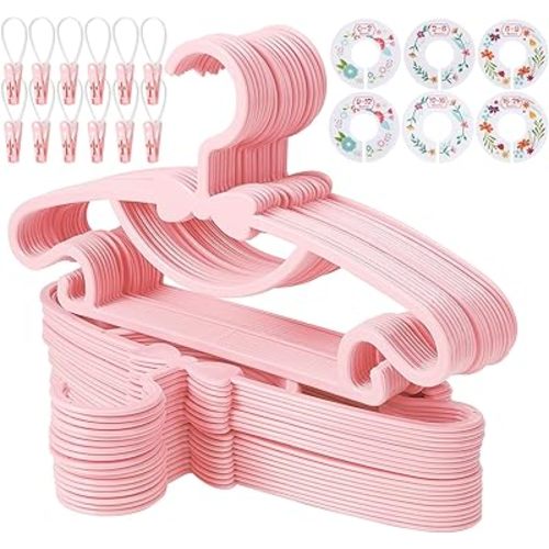 50 Pack Pink Baby Hangers Plastic Baby Clothes Hangers with Clips Non-Slip Ultra-Thin Kids Infant Coat Hanger for Newborn Toddler Clothes