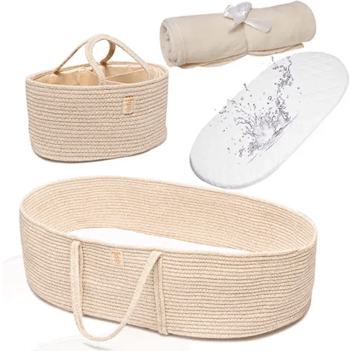 Trendy Baby Changing Basket- Unisex Baby Moses Basket Set of 4 Pieces, Waterproof Pad Cover, Caddy Diaper Organizer,Cotton Blanket - Boho Basket - Nursery Decor - Bassinet Changing Table Topper