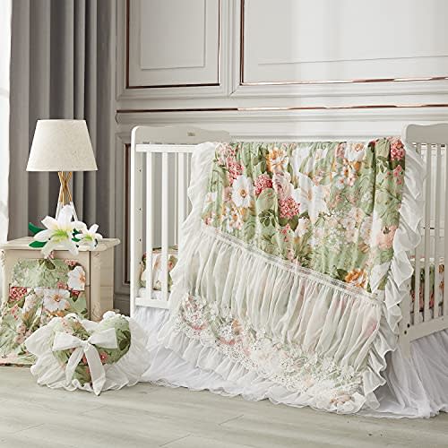 Brandream Baby Crib Bedding Sets for Girls Luxury Floral Nursery Set with Lace and Tulle Design - 6 Pieces 100% Organic Cotton,Green White