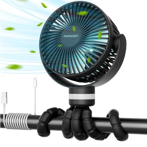 Momcozy Portable Stroller Fan, 8000mAh, 27H Ultra-long Battery Life, Detachable 4 Speed 360°Rotate, LED Night Light with 2 Modes, USB Rechargeable Handheld Cooling Fan for Travel, Car Seat, Bedroom