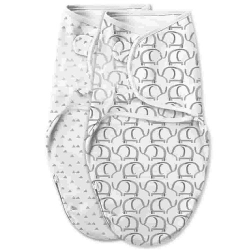 SwaddleMe Original Swaddle Blanket - Newborn Soft Luxe Edition Fabric with Easy Change Zipper - Ellie 2 Pack Grey Elephant and Triangle Prints Size Small (0-3 Months)