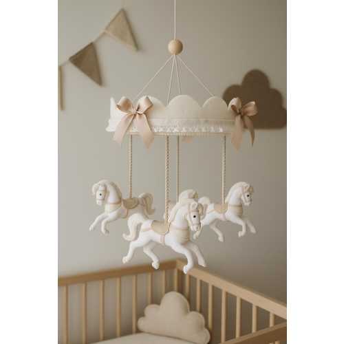 Carousel Horse Mobile | Classic Vintage Crib Mobile | Handmade Felt Nursery Decor in Beige and Cream | Handmade Crib Carousel