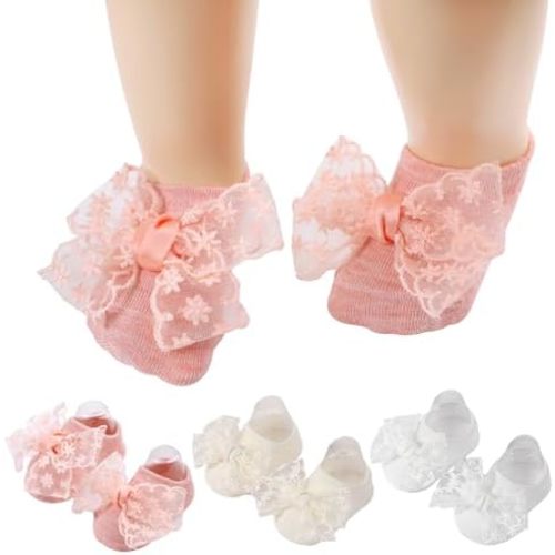3 Pairs Baby Bow Socks - Beige, Pink, White