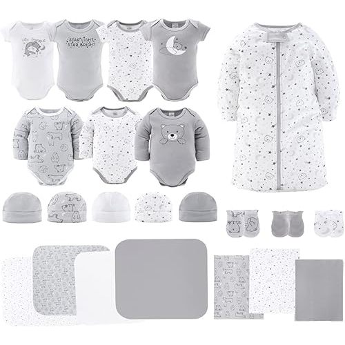 The Peanutshell Baby Layette Gift Set for Baby Girls - 23 Piece New Born Girl Gift Set, Clothes & Newborn Essentials Must Haves - Girl Clothes 0-3 Months - Grey Celestial & Bear