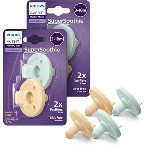 Philips Avent Soothie Orthodontic Baby Pacifiers, 100% Silicone Pacifiers, One Piece, BPA-Free, for Babies 3-18 Months, 2 Green and 2 Yellow, 4 Pack, Model SCF192/72
