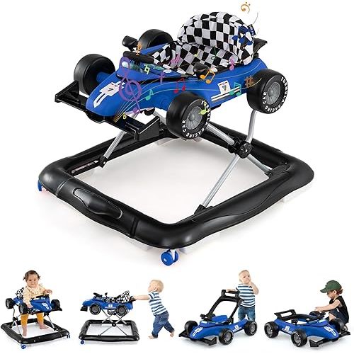 BABY JOY 4-in-1 Baby Walker, Foldable Activity Walker with Push Mode, Adjustable Height, Lights, Anti-Rollover, Baby Walker with Wheels for Boys Girls 6-18 Months (Blue)