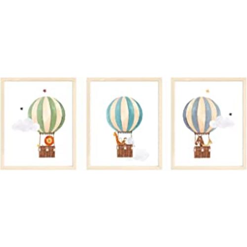 bumbleboo Nistio® Hot Air Balloon Safari Animals Nursery Wall Prints, Play Room Decoration, Nursery Wall Art, Nursery Room Decor, Safari Animals Print Set, Unframed, Set of 3 Prints, 8x10