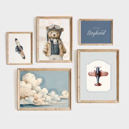 Teddy Bear Blue Gallery, Boy Navy Nursery Prints Set, Vintage Airplane Print, Travel Boy Nursery, Aviation Kids, Cloudy Sky Playroom Prints