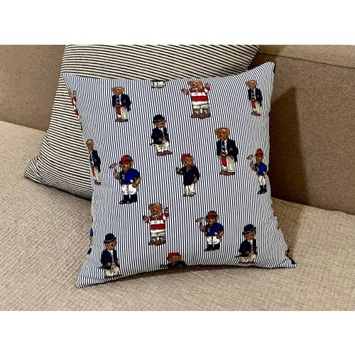 Custom PIllowcase - Reclaimed Vintage Bear Print Cotton Throw Pillow Cover in Blue & White Pinstripe - Ralph Lauren Designer Sheeting Fabric