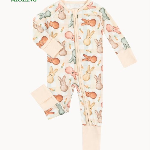 MIOZING Bamboo Fiber Bodysuit For Infants, Cartoon Bunny & Grid Pattern Long Sleeve Onesie, Baby Girl's Clothing