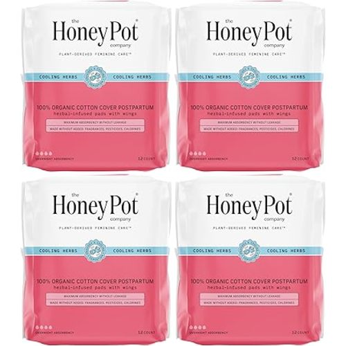 The Honey Pot Company - 48ct - Herbal Postpartum Pads w/Wings - Infused w/Essential Oils for Cooling Effect, Organic Cotton Cover, & Ultra-Absorbent - Postpartum Essentials to fill your Postpartum Kit