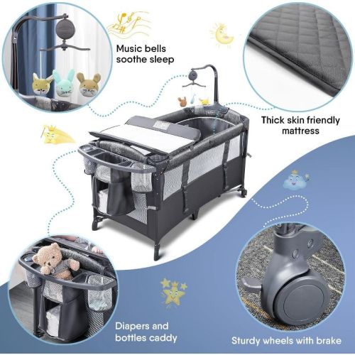 Babybond Baby 5 In 1 Bassinet Beside Sleeper With Sheet, Pack And Play, Portable Changing Table, Large Playard