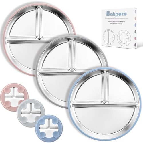 Stainless Steel Suction Plates for Toddlers, 9" Divided Kids Baby Plates with Removable Silicone Suction, Non Toxic Non Slip Portion Control Snack Dishes 3 Packs, Blue Gray Blush