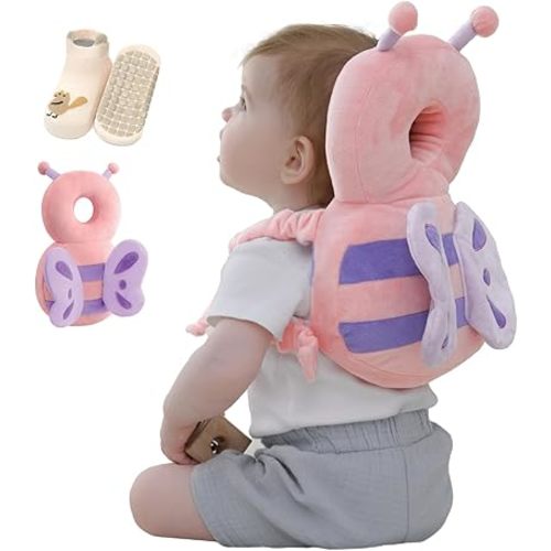 Baby Head Protector Backpack with Safety, Toddler Adjustable Head Protection for Baby Walking and Falling Crawling, 0.5-3 Years 6-36 Months, Pink Butterfly