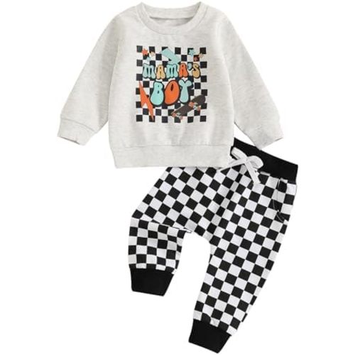 Baby Clothes Boy 3 6 9 12 18 24 Months 2T 3T Fall Winter Outfits Toddler Funny Letter Sweatshirt + Checkered Pants
