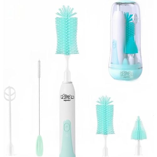 Travel Electric Baby Bottle Brush Set with Electric Bottle Cleaner and Water Bottle Brush and Nipple/Straw Brush,Milk Frother and Drying Rack(Green)