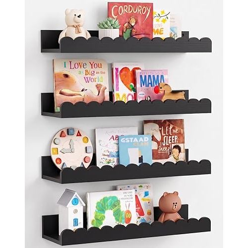 Harwaya Black Floating Nursery Wall Book Shelves Set of 4, Scalloped Shelves for Nursery, Cloud Hanging Bookshelf for Kids Bedroom Baby Child Toddler Room Kitchen Bathroom (Pine Wood)