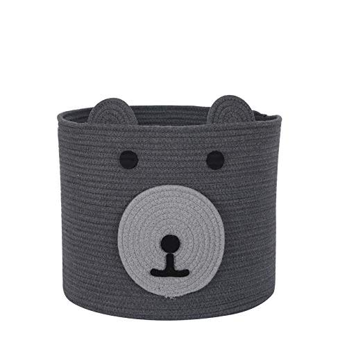InfiBay Cotton Rope Storage Basket with Cute Bear Design, Toy Storage Bin with Handles, Woven Laundry Hamper, Baby Nursery Organizer for Toys, Blanket, Clothes, Towels, 12”(D) x 11”(H)