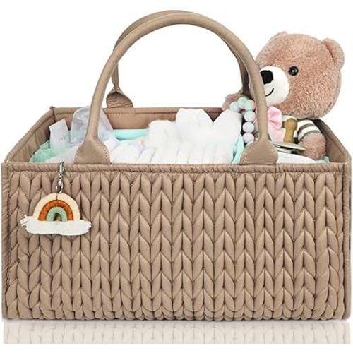 MOMINSIDE Diaper Caddy Organizer, Baby Basket Nursery Storage, Caddy Organizer for Portable Changing Table Dresser Car, Baby Registry Baby Shower Gifts for Girl Boy(Brown)