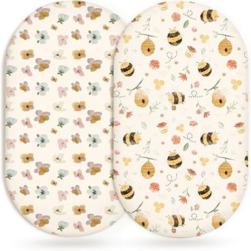 Bassinet Sheets for Baby Girls Boys 2 Pack, Fitted Baby Mattress Sheet for Rectangle, Oval, Hourglass Bassinet Mattress, Breathable Cozy & Universal Fit (Bee Happy)