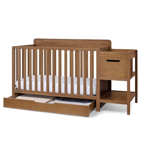 Delta Children Maya 5-in-1 Convertible Crib and Changer with Storage, Converts to Toddler Bed, Daybed, Sofa & Full Bed, Greenguard Gold Certified, 3 Mattress Heights for Baby, Chestnut