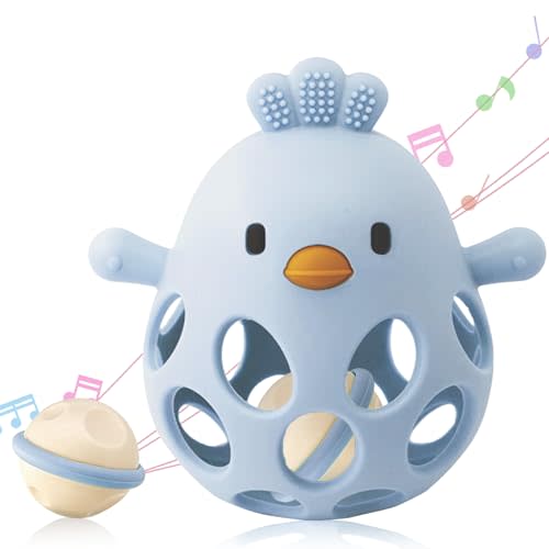 2-in-1 Baby Teething Toy, Easy Grasp Oball Rattle & Teether Toy for Babies 0-12 Months, 100% Food Grade Silicone, 3-6 6-12 Month Baby Teething Relief Toy, BPA Free (Blue)