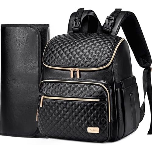 Weitars Diaper Bag Backpack Leather Baby Diaper Bag with Changing Pad Travel Diaper Backpack,Baby Bag for Mom,Stroller Straps,5 Insulated Pockets (Black Leather)