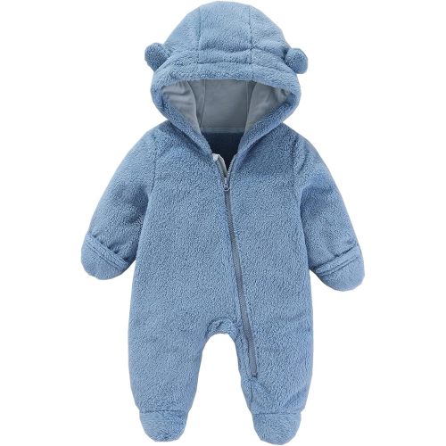 Baby Fleece Snowsuit, Infant Winter Coat, Hooded Long Sleeve Baby Rompers Jumpsuit with Footies
