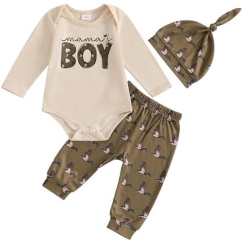 Newborn Baby Boy Duck Hunting Fall Outfits Mallard Duck Long Sleeve Romper And Pants Hat Set Coming Home Clothes