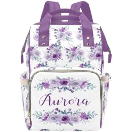 Personalized Diaper Bag Backpack for Women, Custom Name Nursing Mommy Daypack, Floral Purple Diaper Bag for Girls Boys, New Mom Gifts