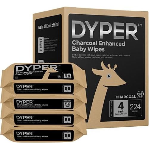 DYPER Charcoal Enhanced Baby Wipes Unscented | Diaper Wipes Made with 100% Plant-Based* & Honest Materials | 4 Packs (224 Count)