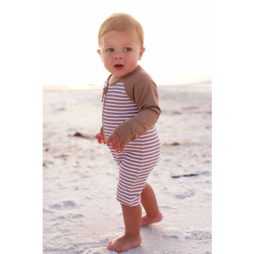 Long Sleeve Rash Guard Swim Romper Shortie | Sandy Stripes