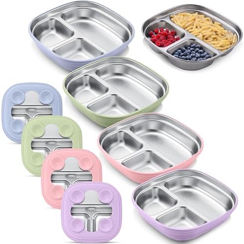 Geiserailie 4 Packs Stainless Steel Kids Plates with Silicone Sleeve Divided Suction Plates for Kids Toddler Tableware Divided Tray for Children Dishwasher Safe Feeding Supplies(Macaron Colors)