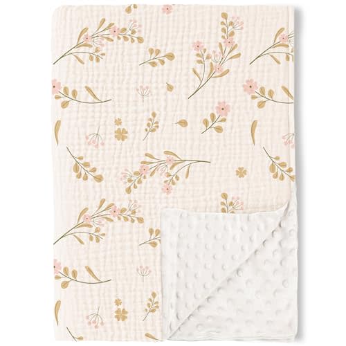 Konssy Baby Blankets for Unisex Boys Girls, Super Soft Nursery Minky Blankets with Muslin Cotton Front and Dotted Fleece Backing, Pink Floral Print Bed Throws Newborn