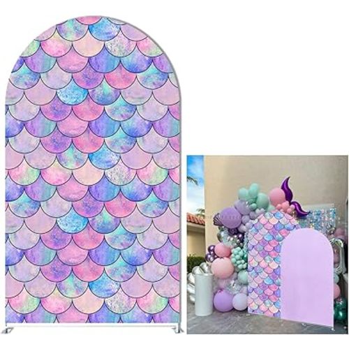 FiVan Under The Sea Mermaid Theme Arch Cover Backdrop Spandex Background for Girl Birthday Party Decoration (7.2×4ft,Sparkling Purple)