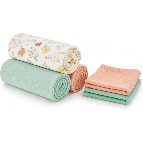 5 Pack Muslin Swaddle Blankets & Baby Burp Cloths, Soft & Breathable Cotton Baby Blankets, Receiving Blankets for Newborn, Nursery Infant Essentials, Swaddling Wrap for Unisex (Pink & Green)